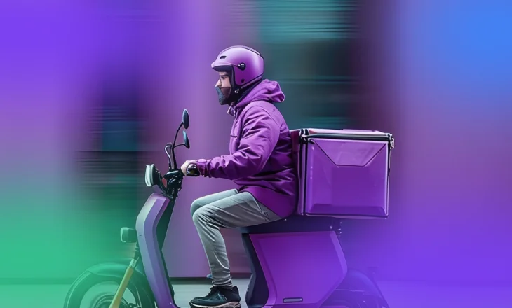 Motoboy dirigindo em com encomenda para entrega expressa