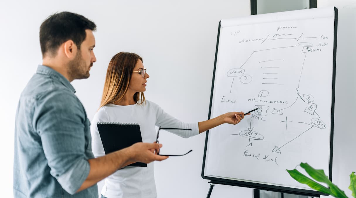Homem e mulher trabalhando juntos com um quadro branco de planejamento