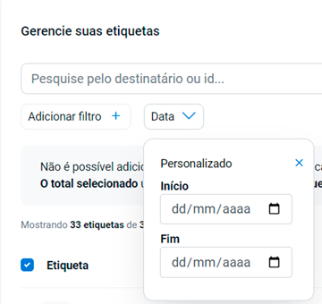 Conheça a nova tela de etiquetas da Frenet: Filtro por data personalizada