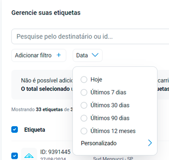 Conheça a nova tela de etiquetas da Frenet: Filtro por data