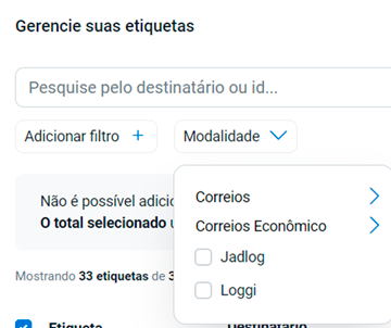 Conheça a nova tela de etiquetas da Frenet: Filtro por modalidade