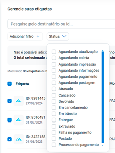 Conheça a nova tela de etiquetas da Frenet: Filtro por status