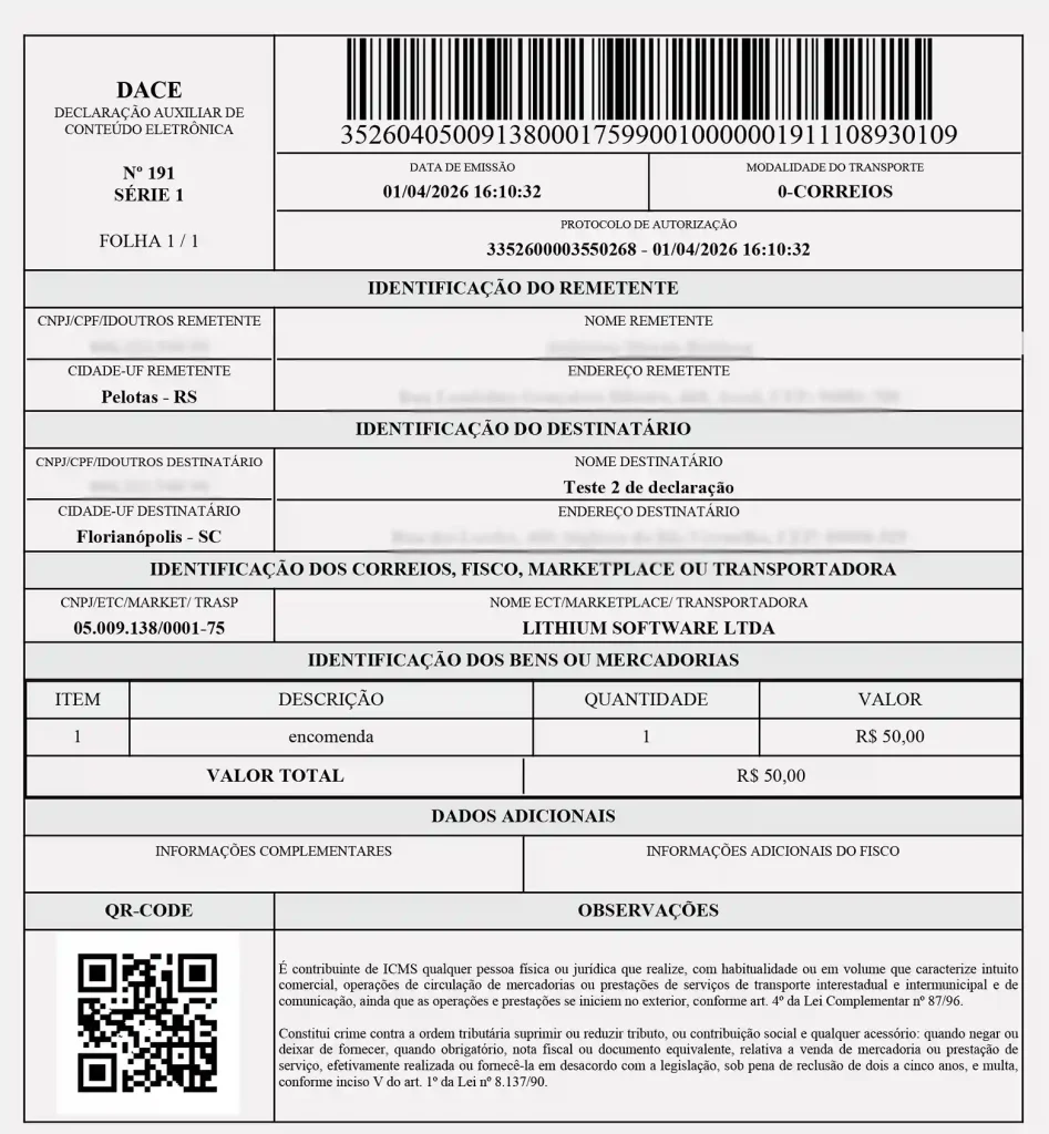 Exemplo de declaração auxiliar de conteúdo eletrônica (DACE)