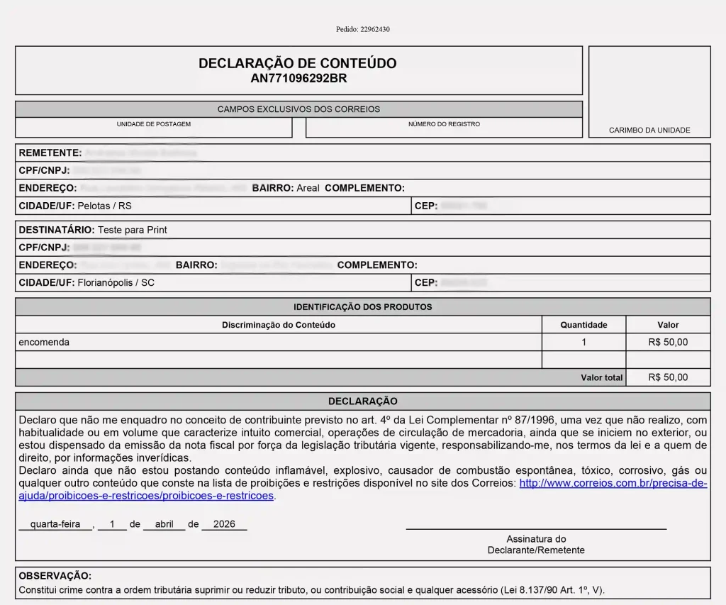 Exemplo de declaração de conteúdo tradicional